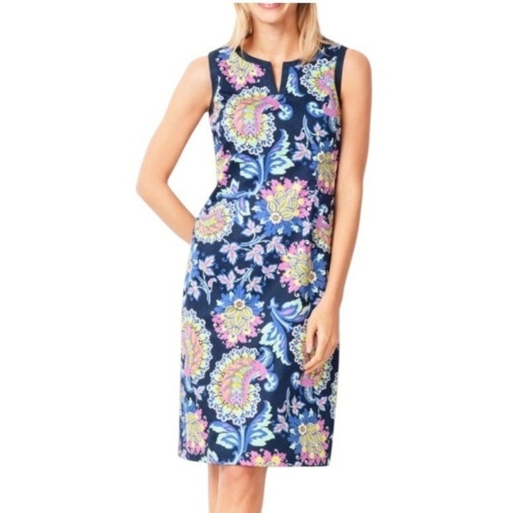 Talbots Sheath Dress Womens‎ Size 4 Navy Blue Paisley Sleeveless Split Neck